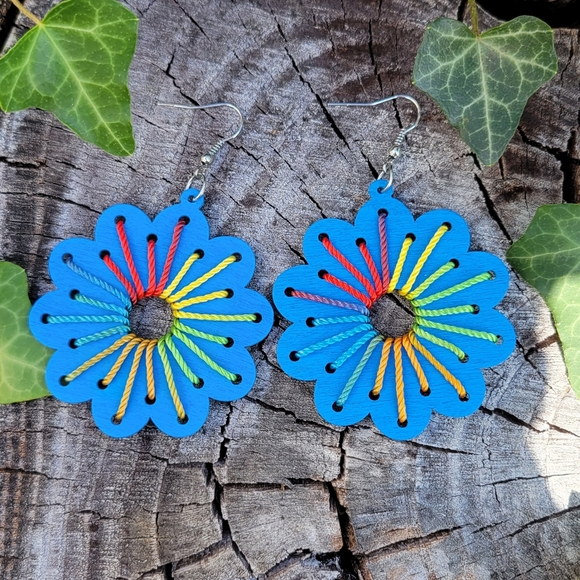 Handmade Multicolor Flower Wood Earrings - Picture 3 of 5